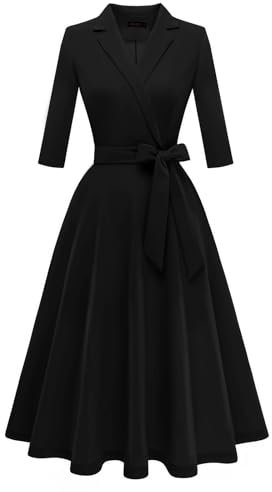 Meetjen Women's Elegant Cocktail Party Long Sleeve Fit and Flare Modest Church Midi Flowy Evening Dress,Black,XL