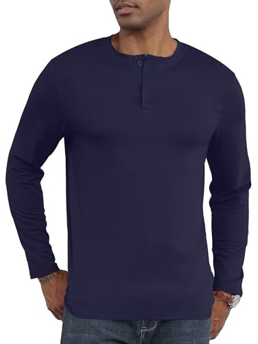 Mens Henleys Shirts Casual Long Sleeve T-Shirts Solid Buttons Basic Tee Shirts Navy M
