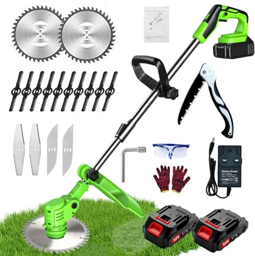 Gonpmny Strimmer, Garden Strimmer, Cordless Strimmer, Electric Strimmer with 2 X 21V 2.0mAh Batteries, Brush Cutter with 3 Types Blades, Lightweight/Retractable, Suitable for Home Lawn Weeding