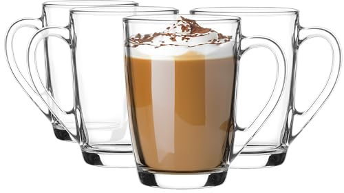 Glasmark KROSNO 1992 Gläser Set Kaffeegläser Teegläser Mit Henkel 4 Stück 300 ml Kaffee Tee Latte Glas Teetassen Glasbecher Trinkglas Spülmaschinengeeignet Ala, Durchsichtig