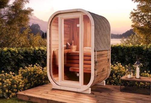 FinnTherm Comfort Set Fasssauna Ellipso S Fasssauna 1 Sitzbänke aus Holz, Sauna mit 42 mm Wandstärke, Außensauna mit Montagematerial