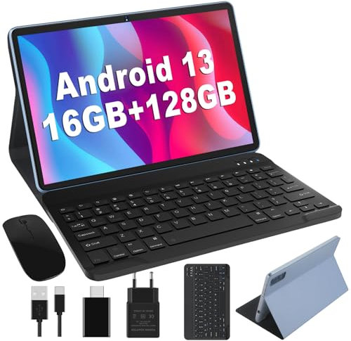 JUSYEA Tablet 10 Zoll Android 13 Octa-Core MT8183 16GB RAM + 128GB ROM (1TB TF), WLAN 5G + 2.4G, GPS, Bluetooth 5.0, Cast, 13MP + 5MP, 8000mAh Akku, mit Tastatur & Maus, Metallkörper BLU