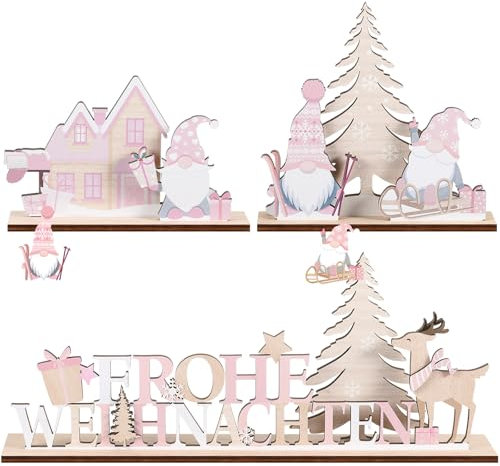 Jetec 3 Stück Deko Aufsteller aus Holz Rosa Weihnachtsdeko Innen Frohe Weihnachten Schriftzug Schild Weihnachten Tisch Dekoration Aufsteller zum Hinstellen für Weihnachten(Weihnachtswichtel)