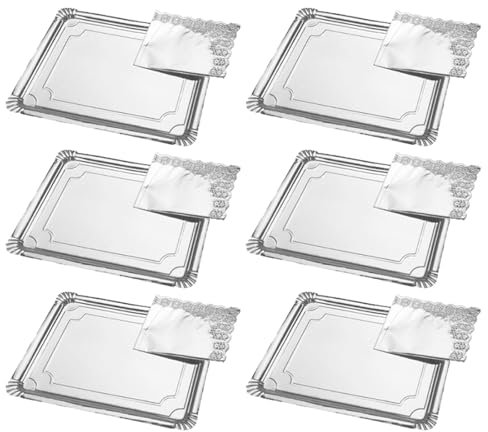 Tradineur - Pack de 6 bandejas rectangulares de cartón con blonda, fuente reciclable para pasteles con encaje de papel, decoración de fiestas, presentación de postres (Plata - 34 x 42 cm)