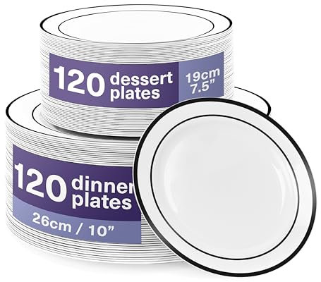 MATANA Premium Plastic Plates with Black Rim - 120 Set, 26cm Dinner & 19cm Side - Elegant, Unbreakable & Reusable for Weddings, Birthdays, Picnics