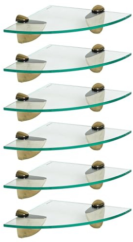 Harbour Housewares Floating Glass Bathroom Corner Shelves - 20cm - Clear/Gold - 6x Wall-Mounted Kitchen Bedroom Shower Room Décor Caddy Towel Storage Organiser Shelving Rack with Brackets