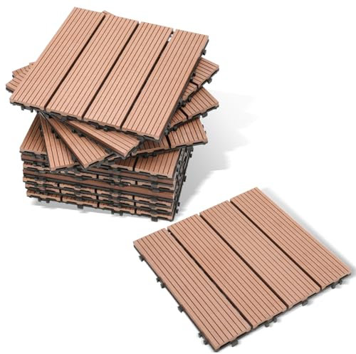 Lospitch WPC Terrassenfliesen, 30x30cm Balkon Bodenfliese 11 Stück für 1m², Terrassendielen Klickfliesen Wetterfest, Rutschfest, Pflegeleicht, Gartenfliesen mit Klick-System, Braun