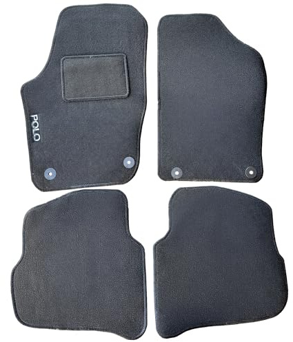 Rebeca Shop® Auto-Fußmatten für Polo 6R, Baujahr 2009 bis 2014, aus schwarzem Teppichstoff, mit 4 Clips, gesticktes Logo, verstärkter Absatzschoner