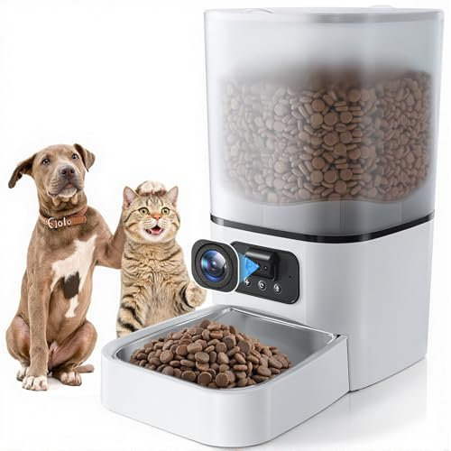 PETEMPO Automatic Cat Feeder with Camera, 2.4G WiFi 6L Pet Feeder with Timer, 2-Way Audio, Night Vision, App Control Food Dispenser with Anti-Clog Design, Up to 15 Meals 10 Portions Per Day