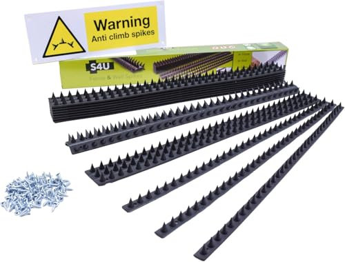 S4U Fence Wall Spikes Garden Security Guard Anti-Pigeon Cat Bird Spikes Intruder Pest Deterrent 50 x 4.5 x 1.5cm Warning Sign & Screws Included (5m, 10pcs - Black)