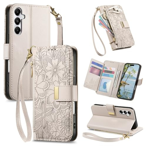 VEEMOS Handyhülle für Samsung Galaxy S25 5G Hülle Klappbar Leder Klapphülle mit Reißverschluss Kartenfächern Ständer Band Blumen Prägung Schutzhülle Damen Wallet Flip Case - Grau