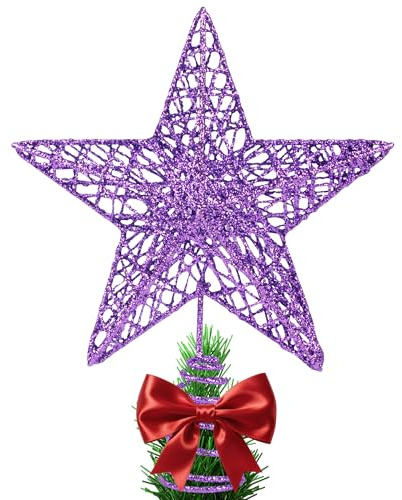KEYIDO Purple Star Christmas Tree Topper Star for Christmas Tree Metal Xmas Tree Topper for Christmas Decorations Ornaments H 20cm/8Inch W 15cm/6inch