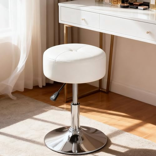 HOOBRO Schminkhocker, Schminktisch Stuhl, Runder Barhocker mit Polsterung, Höhenverstellbar 360° Drehbar, Schminktisch Hocker, für Schlafzimmer, Arbeitszimmer, Weiß EWT60BY01
