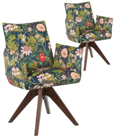 DUBI Möbel Esszimmerstühle 2er Set 360° drehbar mit Taschenfederkern, hoher Sitzkomfort, bis 150 kg belastbar, abriebfester Stoff Blumen, Massivholzgestell in edler Wallnussoptik, Mika-Emil
