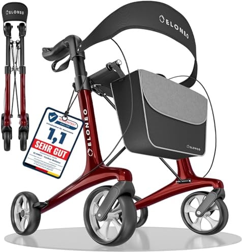 Carbon Rollator faltbar und leicht mit Sitz, Leichtgewicht-Reiserollator ultraleicht 5,5 kg, Gehhilfe für Senioren 9-fach höhenverstellbar, Laufhilfe faltbar für Kofferraum, mit Tasche