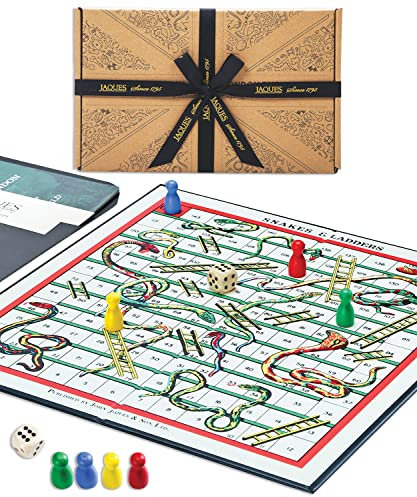 Jaques of London Snakes and Ladders Game | Luxury Linen Finish Snakes and Ladders Board Game with Wooden Pieces