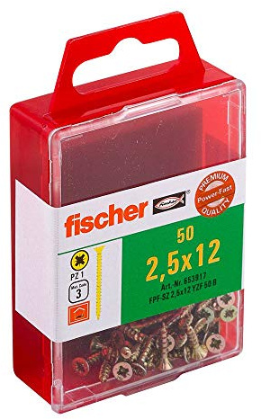 fischer Power-Fast FPF-SZ 2,5 x 12 YZF 50 B - Spanplattenschrauben mit Senkkopf und Vollgewinde zur Befestigung von dünnen Bauteilen in Holzwerkstoffen - 50 Stück - Art.-Nr. 653917