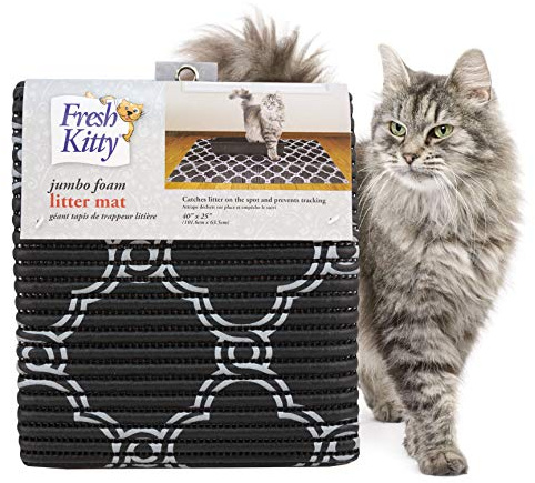 Fresh Kitty Durable XL Jumbo Foam Litter Box Mat – No Phthalate, Water Resistant, Traps Litter from Box, Scatter Control, Easy Clean Mats – Black & White 40x 25, Black/White Quatrefoil (9036)