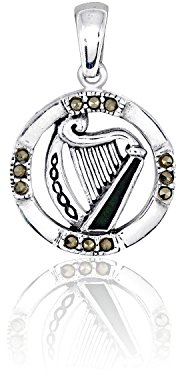 W | S WITHLOVE SILVER WithLoveSilver massiv 925 Sterling Silber Emaille Kreis-Anhänger Keltische Harfe natur Markasit Anhänger