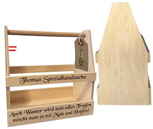 KF-Holz Bierträger für 8 Flaschen mit Gravur - Männerhandtasche aus Holz - Flaschenträger - Geschenk für Vatertag und Geburtstag