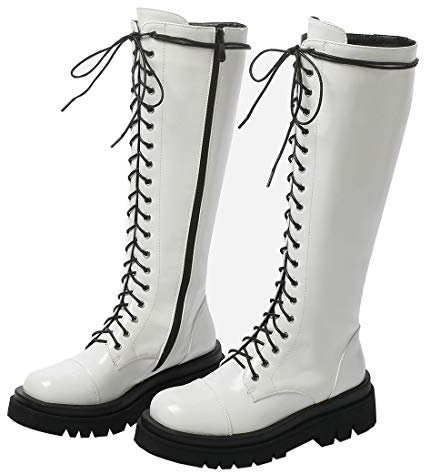 Etebella Damen Knee High Combat Boots Gothic Lack Kniehohe Stiefel zum Schnüren Flache Kniehoch Stiefel Moderne Schuhe (Weiß,41)