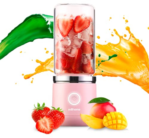 Edihome, Smoothie Maker to Go, Blender, für Shake, Smoothie, Gemüse und Obst, Elektrischer Mini Mixer, mit Glasbecher, 380 ml, USB aufladbar, 2000mAh (Rosa)
