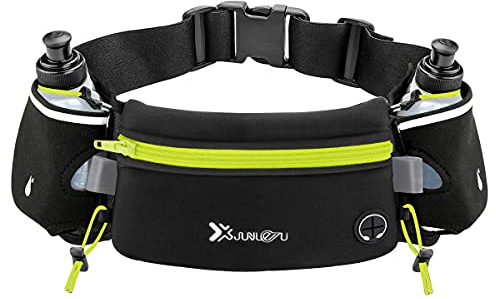 Number-one Laufgürtel mit Wasserflaschen (2 x 175 ml), Trinkgürtel, wasserdichte Hüfttasche für iPhone, verstellbare Sporttasche für Marathon, Laufen, Wandern, Radfahren, Grün, 80cm*12cm*0.5cm