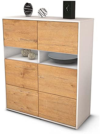 Stil.Zeit Highboard Jasmin, Korpus Weiss matt, Front Holz-Design Eiche (92x108x35cm), Push-to-Open Technik & Leichtlaufschienen
