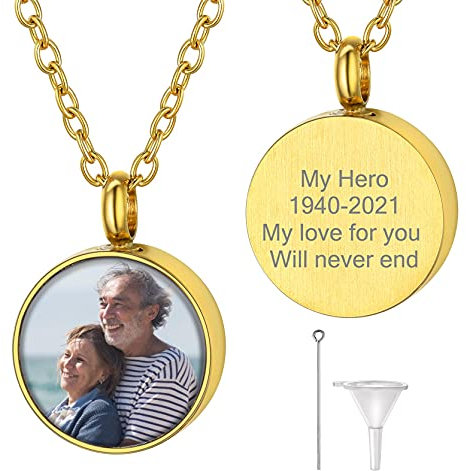 GoldChic JEWELRY Collar Cenizas Oro Foto y Frase, Porta Ceniza Chapa Redonda Cremacion Urna Cenizas Abuela Mamá