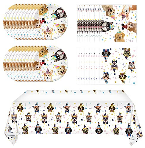 41 Stück Hunde-Geburtstagsparty-Zubehör, Welpen-Partygeschirr für Kinder-Party-Dekorationen, enthält 20 Teller, 20 Servietten und 1 Tischdecke für Welpen-Mottoparty-Zubehör