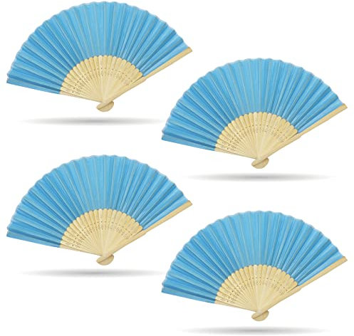 Grantop 4 Pcs Black Folding Hand Fan, Silk Fabric Bamboo Ribs Handheld Fan, Folding Chinese Fan for Wedding Christmas Party Prom Festival DIY Home Decorations (Blue)