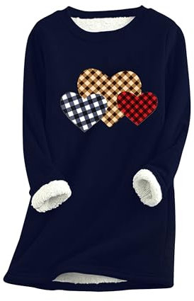 EFOFEI Frauen Cat Print Top Shirts Tops Zu Hause Bequeme Warme Top Übergröße Teddy-Vlies Pullover Herz Marineblau M