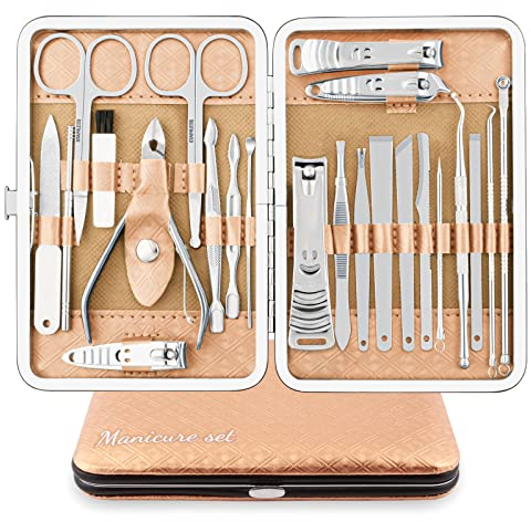 Kit Manucre Pedicure Coupe Ongle Professionnel Coupe Cuticule Acier Inoxydable Trousse Manucure Pedicure Set de 23pcs avec Exquis La Boîte (Or/Argent)