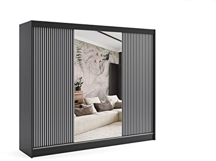 ALTDECOR Kleiderschrank mit Spiegel und Schiebetüren, Führungsschienen und Aluminium-Leisten, LED-Beleuchtung und Fernbedienung - VILAN - 250 cm Schwarz + Lamelle schwarz + Spiegel