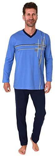 Normann Eleganter Herren Schlafanzug Langarm Pyjama mit Frontprint – auch in Übergrössen, Farbe:blau, Größe:58