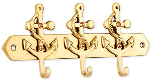 NKlaus Schlüsselhaken Anker 3-fach aus Messing gold 16 x 7 cm Maritim Schlüsselhalter 11600