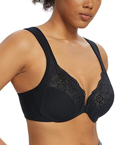 Lemorosy Wide Strap Front Closure Bra Lace Full Figure Underwire(Black Wide Strap,38C)