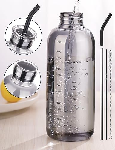 NiHome Glass Water Bottle 25oz/750ml with Two Lids, Stainless-Steel Straw, Brush and Silicone Cover, High Borosilicate Glass for Hot & Cold Beverages, Leak-Proof for Travel, Gym, Office (Smoky Gray)