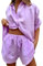Completo Donna 2 Pezzi in Lino e Cotone Set Camicia Allentato con Bottoni Pantaloncini Corti a Vita Alta Eslatica con Coulisse Estivi Casual Spiaggia Lavoro Vacanza (Viola, L)