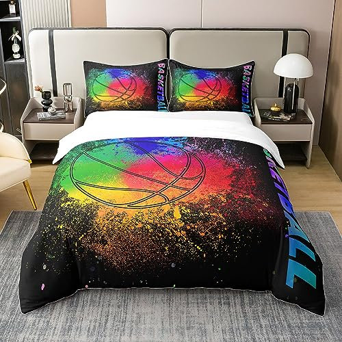 Basketball 100% Baumwolle Bettbezug 135x200,Blau Rot Grün Krawatte Gefärbt Bettwäsche Set,Grunge Neon Sport Tröster Abdeckung Die Ganze Saison,Neon Ball Spiel Bettbezug mit 1 Kissenbezug