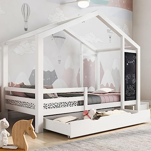 Tcewhhy Cama Infantil Cama Casita 90 X 200 Cm Cama De Madera con Tablero Y 2 Cajones Cama De Suelo Madera Maciza con Valla Y Somier Cama Juvenil para Habitaciones Infantiles Cama Funcional Blanca