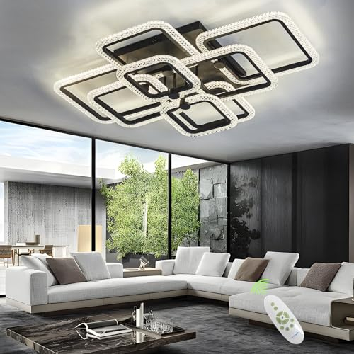 HIHIHOMY Moderna Lámpara De Techo Led, 41,3 Pulgadas, Color Negro, Moderna Lámpara De Techo De Cristal, Modernas Luces De Techo Para Sala De Estar, Lámparas De Techo Regulables Con Control Remoto