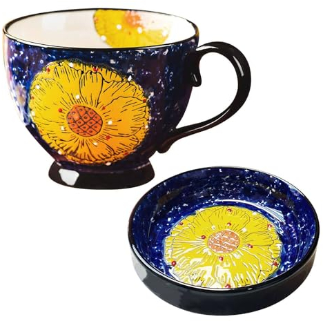 TYMYYS Bol Avec Anse, Bol Soupe, Bol Petit Dejeuner, Bol Micro Onde, Bol Enfant, Vaisselle, Bol Chinois, Bol Asiatique-bleu et fleurs-12x12x9.5cm, 500ml
