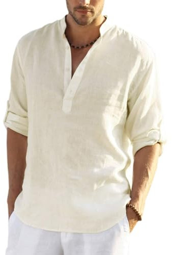 COOFANDY Men's Linen Henley Shirt Cotton Summer Long Sleeve Hippie Casual Beach T Shirts L