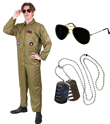 I LOVE FANCY DRESS Adults Pilots Aviator Costume - Air Pilot Jumpsuit Men Pilot Costume Aviator Jump Suit, Sunglasses & Dog Tags - Xlarge