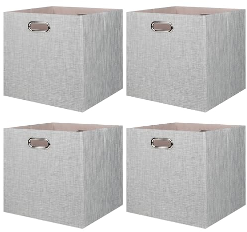 BinWhiz 4 Pack Collapsible Linen Storage Cubes - 33x33x33 cm Fabric Bins for Kallax Shelves, Cabinet, Bookcase, Closet - Versatile Home Organizer Boxes for Decor and Laundry (Grey)