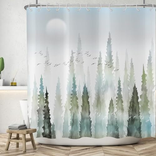ASDCXZ Wald Duschvorhang 180x200 cm, Handgemalt Aquarell Blau Grün Nebel Wald Dschungel Vögel Sonne Bad Waschbar Duschvorhänge Polyester Textil Wasserdicht Badevorhang für Badewanne mit 12 Haken