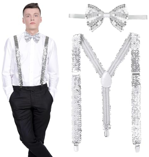 FMKLDENA Hosenträger mit Pailletten, Pailletten Hosenträger und Fliege, Pailletten Hosenträger Set, Einstellbar Elastisch, für Fasching Party-Tanzaufführung
