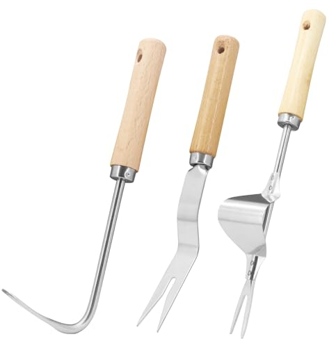 MoYouno 3pcs Hand Weeder Tool,Manual Weeder Puller Tool, Stainless Steel Deep Root Weeder Tools,With Extended Hard Solid Wood Handle,for Garden Lawn Farmland Weeder Tool (Wood)