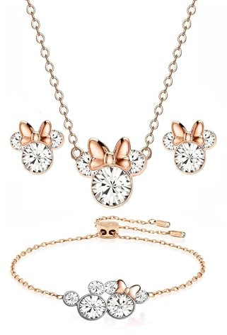 Kaguyo Schmucksets für Damen – Halskette mit Mausanhänger aus 925er Sterlingsilber mit klarem Zirkonia und Ohrstecker mit Maus und verstellbarem Infinity-Gliederarmband für Damen Mädchen (rose gold)
